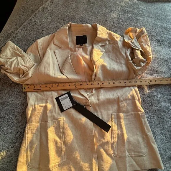 Mina Self Flax Linen Blend Blazer Beige Business Casual L Ruched Sleeve 18995 - Picture 4 of 12